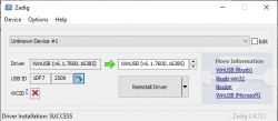 Zadig Program Screenshot with Unknown Device #1 Screenshot of Zadig program with Unknown Device #1 selected and WinUSB drivers installed.