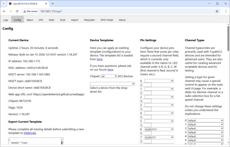 Device configuration panel with network details and pin settings