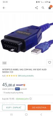 Kabel diagnostyczny VAG COM KKL z interfejsem USB, przeznaczony do samochodów VW, Seat, Audi, Skoda, z dołączoną płytą CD.