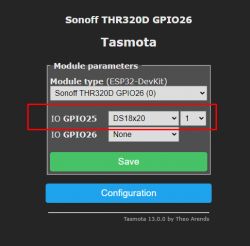GPIO Configuration Interface in Tasmota for Sonoff THR320D Screenshot of the Tasmota configuration interface for Sonoff THR320D.