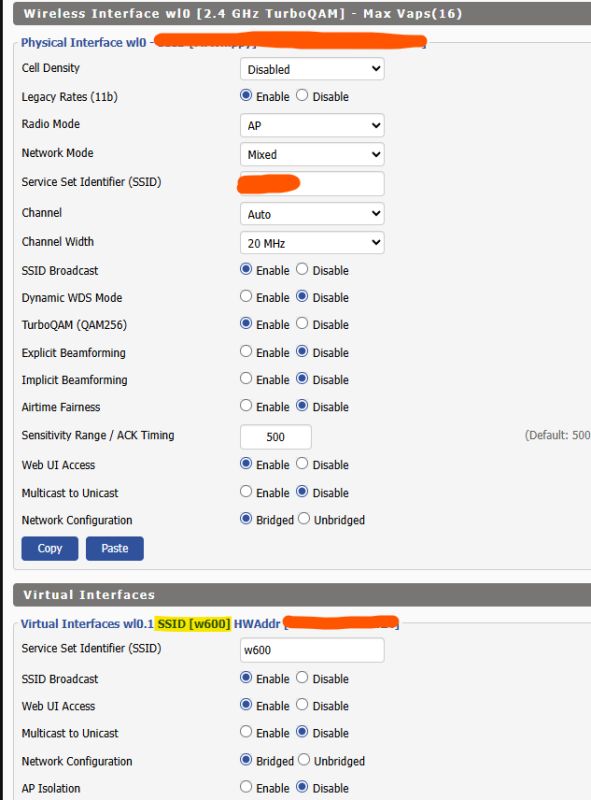 2.4 GHz wireless interface settings panel with SSID and radio mode options
