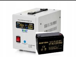 Przetwornica Volt Polska i akumulator AGM 12V 100Ah na białym tle