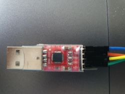 USB adapter with black, red, orange, yellow, green, and blue wires.
