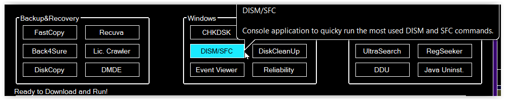 Zrzut ekranu interfejsu aplikacji z różnymi narzędziami do backupu, odzyskiwania i zarządzania systemem Windows.