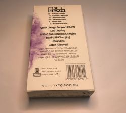 Back of NXT Gear power bank box showing technical specifications