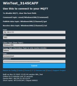 MQTT configuration screen with input form and device information