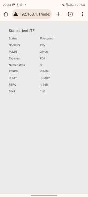 Zrzut ekranu parametrów sieci LTE na telefonie.