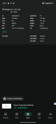 Zrzut ekranu z aplikacji NetMonster pokazujący parametry sieci 4G i 5G Orange
