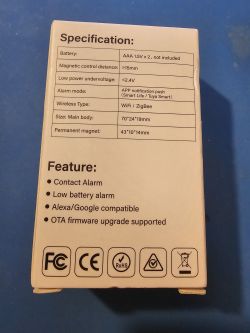 AUBESS Door Sensor Specifications Box of a door sensor with visible specifications and features printed on a light background.