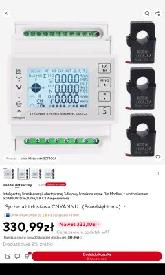 Three-phase energy meter with LCD display and three KCT16 100A/5A current transformers.