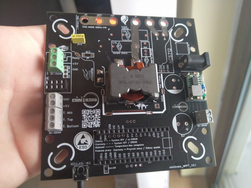 PCB held in hand, with various connectors and spots for electronic components.
