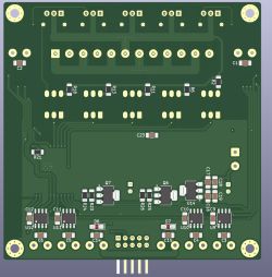 Widok z góry projektu płytki PCB z opisanymi elementami SMD i otworami montażowymi