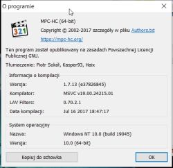 Okno „O programie” odtwarzacza MPC-HC z informacjami o wersji i systemie
