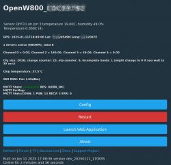 OpenW800 device user interface displaying sensor data and configuration options