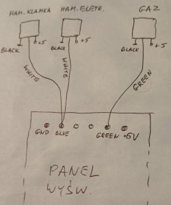 Schemat podłączenia czujników do panelu z opisanymi wtyczkami hamulca i gazu.