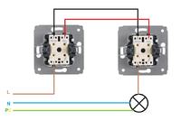 Diagram of Fibaro Dimmer FDG211 in a staircase installation with bistable switches