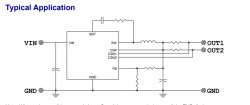 Application Circuit Diagram Diagram of a typical application circuit with an integrated circuit and passive components.