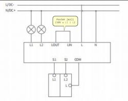 Schemat podłączenia urządzenia elektrycznego z oznaczeniami L1, L2, LOUT, LIN, L, N, S1, S2 i COM.