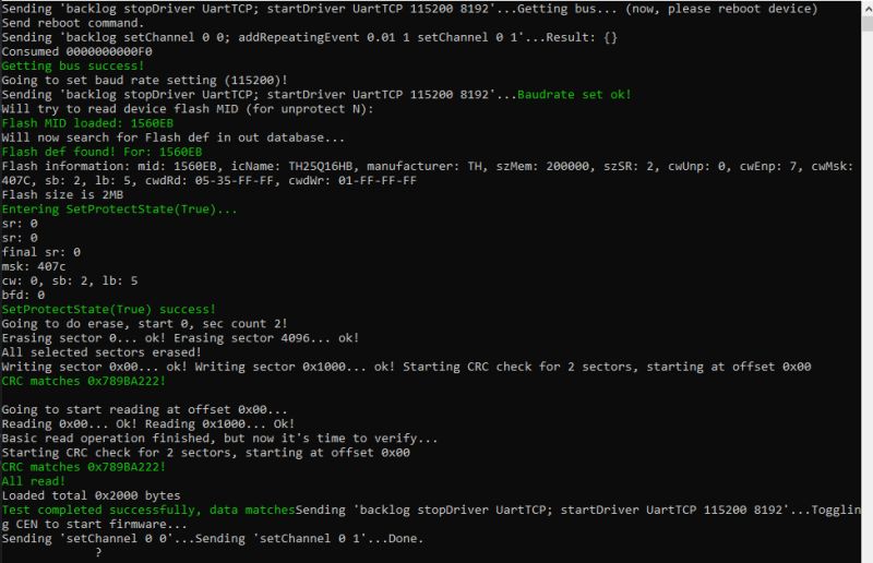 Terminal log of BK7231 flashing via UART over TCP Terminal screenshot showing memory flashing process over UART TCP