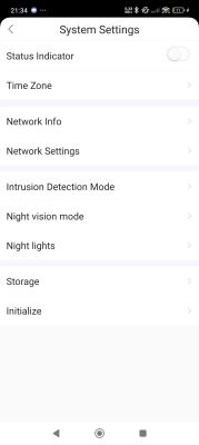Device system settings screen with various configuration options System settings menu with network, time zone, night mode, and storage options