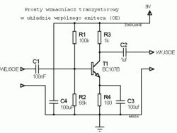 Umieszczenie potencjometru w schemacie prostego wzmacniacza tranzystorowego