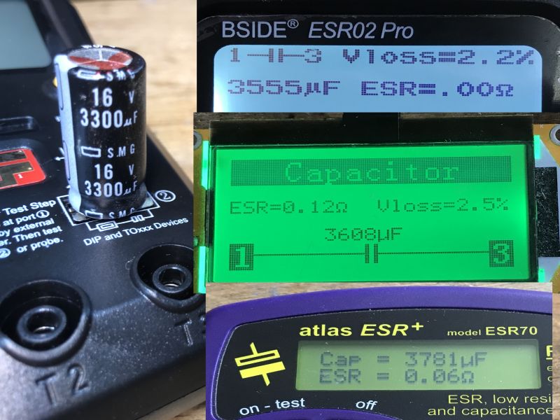 Comparison of ESR Tester Measurements BSIDE ESR02 Pro tester displaying ESR measurements of a capacitor.
