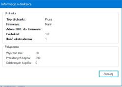 Okno z informacjami o drukarce 3D Prusa z firmware Marlin