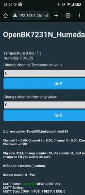 Screenshot of the OpenBK7231N_Humedad interface showing temperature 0.00°C and humidity 0.0%.