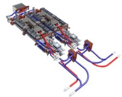 The photo shows a server motherboard with installed DIMM RAM modules and liquid cooling components.