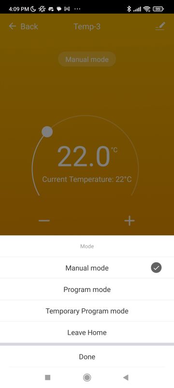 Tuya app screenshot: 22.0°C temperature screen with mode menu (Manual, Program, Temporary, Leave Home)