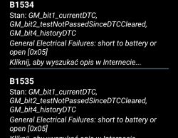 Zrzut ekranu z kodami błędów OBD2 B1534 i B1535 z aplikacji diagnostycznej