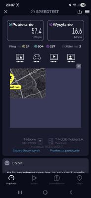 Zrzut ekranu Speedtest z wynikami: pobieranie 57,4 Mb/s, wysyłanie 16,6 Mb/s, ping 24 ms.