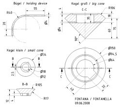 Technical drawing of speaker components, including a holding device and cones.