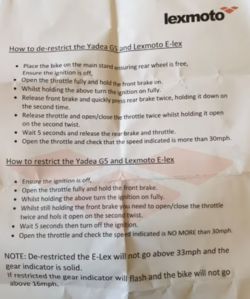 Instrukcja dotycząca ograniczeń dla Yadea G5 i Lexmoto E-lex.