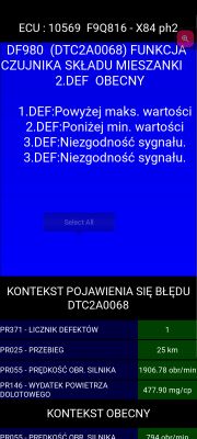 Zrzut ekranu z kodem błędu DF980 DTC2A0068 dla Renault Scenic.