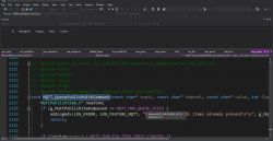 Screenshot of a program code in Microsoft Visual Studio showing the MQTT_QueuePublishWithCommand function, with the queue limit increased to 32.