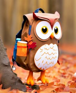 Owl-shaped backpack standing on autumn leaves.