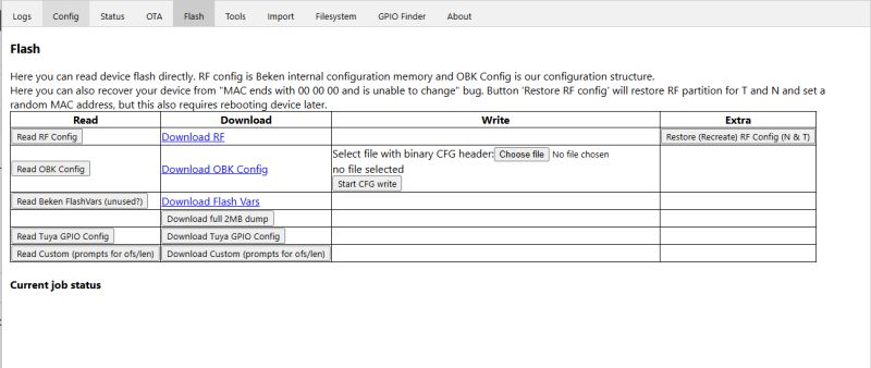 Screenshot of device flash management interface with config read/write options