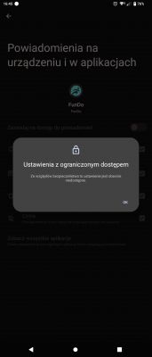 Przydzielenie uprawnień aplikacji fundo do powiadomień.