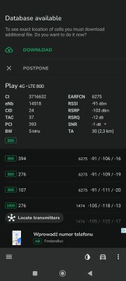 Zrzut ekranu z aplikacji NetMonster pokazujący dane sieci komórkowej Play dla pasma LTE 800.