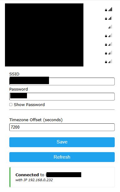 WiFiManager Configuration Page WiFiManager configuration page with fields for SSID, password, and timezone offset.