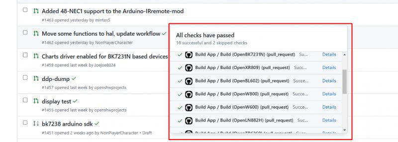 GitHub Pull Request Overview with Test Results GitHub pull request list with highlighted test results.