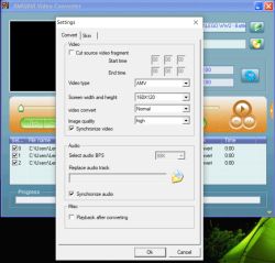 Okno ustawień programu AMV/AVI Video Converter z wybranym formatem AMV i rozdzielczością 160x120