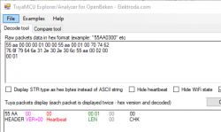 Screenshot of the TuyaMCU Explorer/Analyzer program showing raw packet data in hex format, partially decoded as heartbeat.