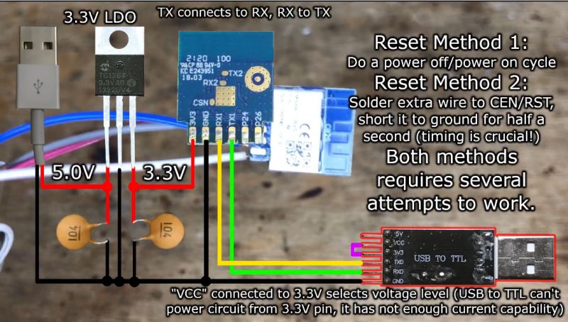 Connection schematic with USB to TTL converter and 3.3V LDO with reset instructions.