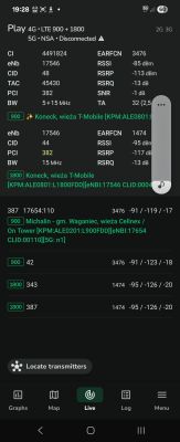 Zrzut ekranu z aplikacji NetMonster pokazujący dane sygnału sieci Play LTE 900 + 1800.