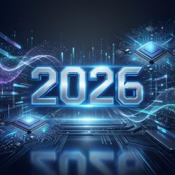 Cyfra 2026 w futurystycznym stylu z motywami technologii i mikroprocesorów