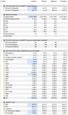 Zrzut ekranu z programu monitorującego, pokazujący parametry sprzętu komputerowego.