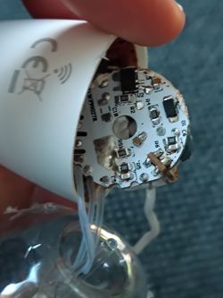 Interior of a lamp housing with visible electronic circuit and white wires.