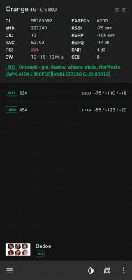 Ekraan z informacjami o połączeniu 4G Orange w miejscowości Ociesęki.